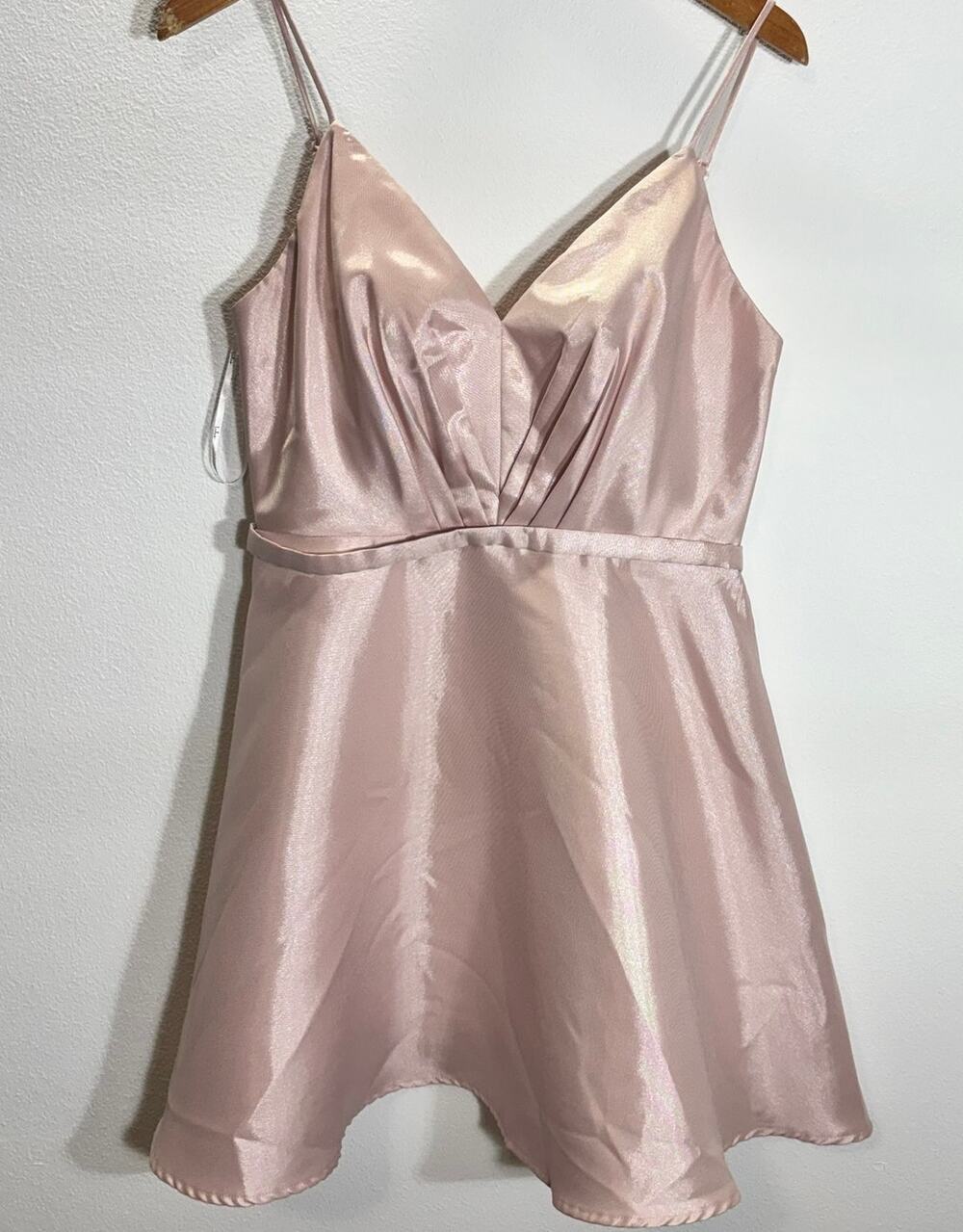 Lulus Blush Pink Shimmer Satin Mini Dress Large V-Neck Strappy Fit & Flare Party